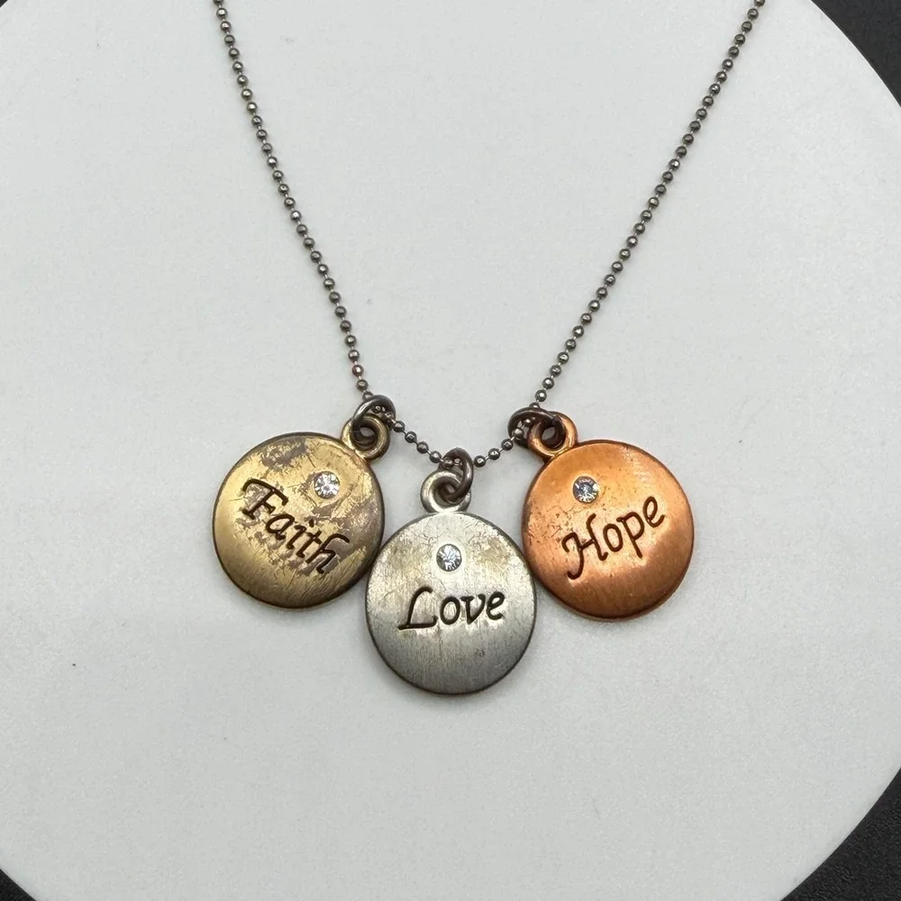 Faith Love Hope Rhinestone Charm Pendant Necklace Mixed Metal Inspirational Gift